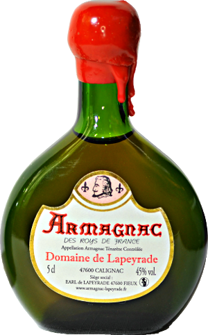 Close up of a mignonnette containing Armagnac des Roys de France from Domaine de Lapeyrade.